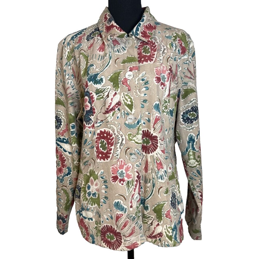 Chico’s Floral Micro Suede Blouse Women's Size XL Boho Preppy Colorful